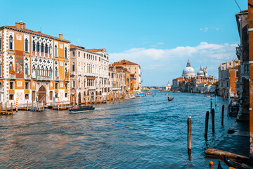 Italy, Venice. Old italian architecture with landmark bridge, romantic boat. Venezia. Grand canal for gondola in travel europe city.