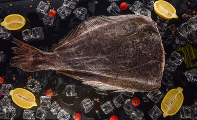 headless halibut with ice, lemon and tomatoes on black background - 394273590