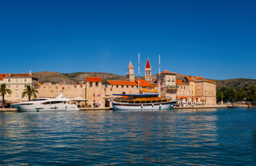 Fototapeta na wymiar Trogir boats and waterfront view, UNESCO town in Croatia landmarks. September 2020