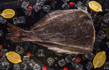 headless halibut with ice, lemon and tomatoes on black background - obrazy, fototapety, plakaty