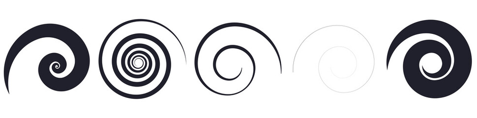 Abstract spiral, twist. Radial swirl, twirl curvy lines element. Circular, concentric loop-hook. Revolved whirl design shape, Whirlwind, whirlpool illustration. Radiating volute, whirligig, curlicue