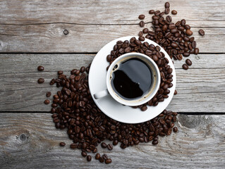 Coffee beans and cup of coffee on old wooden table.