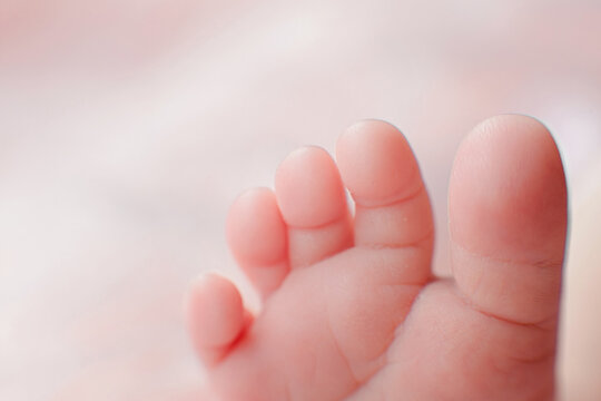 Caucasian Newborn baby foot closeup macro detail shot. child portrait, health skin, tenderness, maternity and babyhood concept - Image. Soft selective focus