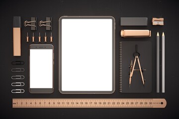 Responsive web design. Black and metal office objects.