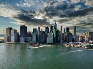 New York City Manhattan midtown skyline panorama with historical landmark skyscrapers over Hudson river
