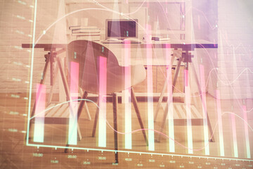 Multi exposure of financial graph drawing and office interior background. Concept of market analysis.