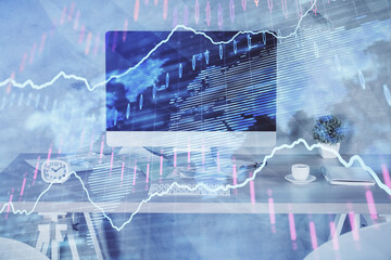 Multi exposure of financial graph drawing and office interior background. Concept of market analysis.