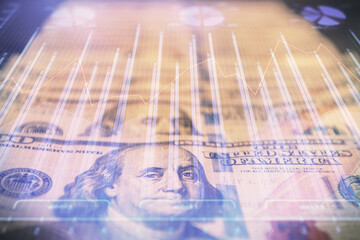 Double exposure of forex graph drawing over us dollars bill background. Concept of financial markets.