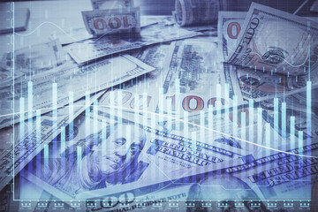 Multi exposure of forex chart drawing over us dollars bill background. Concept of financial success markets.