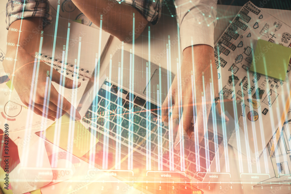 Poster double exposure of man and woman working together and forex graph hologram drawing. financial analys