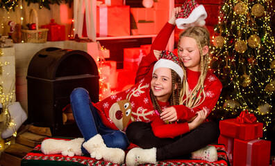 Obraz na płótnie Canvas Friendly relations. Best friends forever. Lovely kids. Children cheerful christmas eve. Girls friends soulmates celebrate christmas. Happy holidays. Fun and cheer. Happiness joy. Joyful christmas