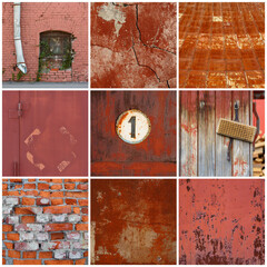 A set of textures. The collection includes: brick wall, cracked plaster, rusty metal, a plate with the number one, wooden boards with peeling paint, brickwork. Perfect for background and design.