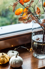 Pumpkins with lights and branches in a vase on the windowsill.