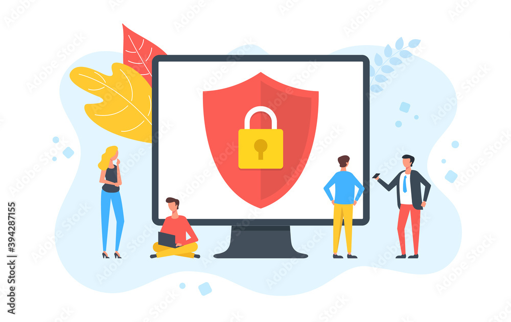 Poster data security. people and computer with shield and lock. computer security, data protection, privacy