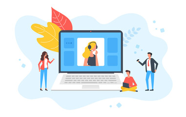 Customer service. Group of people and laptop with website and customer service assistant. Customer support, help, call technical support, helpline, maintenance. Flat design. Vector illustration