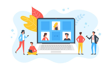 Video conference. Group of people and laptop with conference call on screen. Online meeting, business conference, technology, internet meetup concepts. Creative modern flat design. Vector illustration