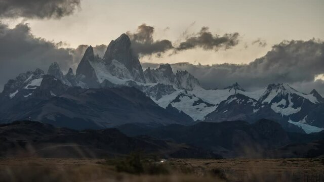 Awesome Fitz Roy in the Evening, Lights go out, Lights form near City under the mountains, Patagonia
