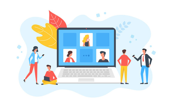 Video conference. Group of people and laptop with conference call on screen. Online meeting, business conference, technology, internet meetup concepts. Creative modern flat design. Vector illustration