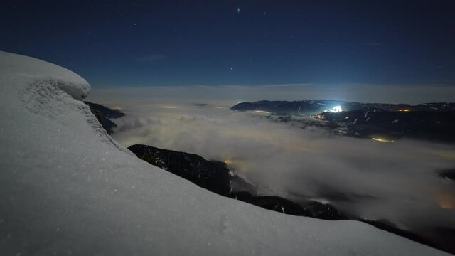 Fog moving in tale at Winter, Austria in Winter Time, Moving Timelpase with Moonlight, Stars in the Sky