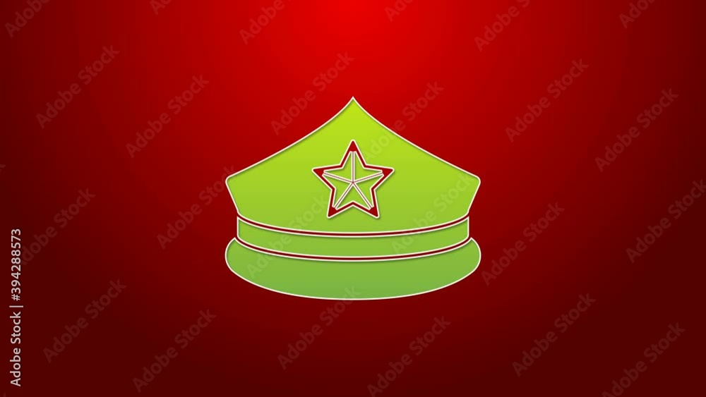 Sticker Green line Police cap with cockade icon isolated on red background. Police hat sign. 4K Video motion graphic animation