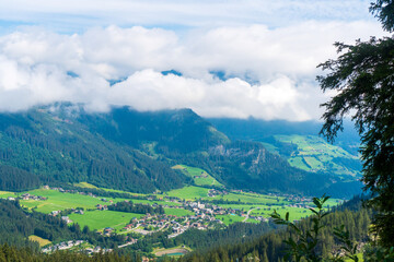 Fototapeta na wymiar aerial view of Krimml village and krimmler wassefalle in the Austrian Alps.Austria, Europe.