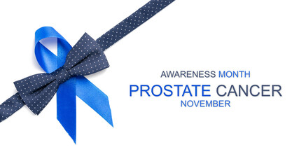Blue ribbon cancer. Awareness prostate cancer of men health in November. Blue ribbon, fashion bowtie isolated on white background. Symbol of oncology affected man. Copy space.