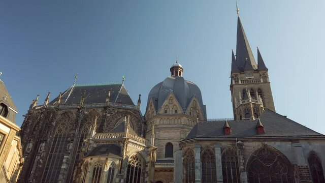 The Aachener Dom Cathedral, view from the Katschhof square in the german city of Aachen.