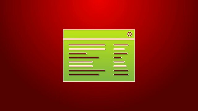 Green line Software, web developer programming code icon isolated on red background. Javascript computer script random parts of program code. 4K Video motion graphic animation