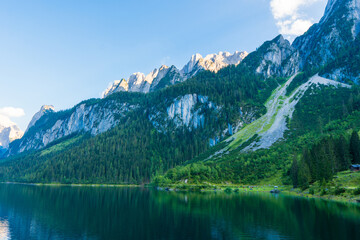 Plakat Beautiful summer scene of vorderer gosausee lake. Colorful evening view of Salzkammergut berge Alps on the Austrian , Europe. Beauty of nature concept background.