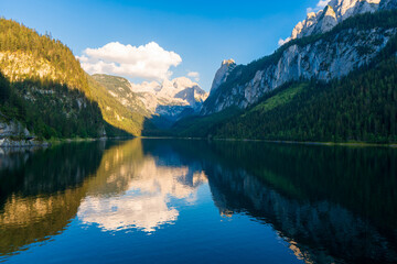 Fototapeta premium Beautiful summer scene of vorderer gosausee lake. Colorful evening view of Salzkammergut berge Alps on the Austrian , Europe. Beauty of nature concept background.