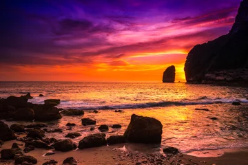Photo sur Plexiglas Orange Nature landscape amazing tropical beach in Asia with scenery mountain cliff in sea on background beautiful sky at sunset.  Asia attraction and travel destination.