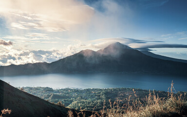Active Indonesian volcano Batur in the tropical island Bali / Indonesia