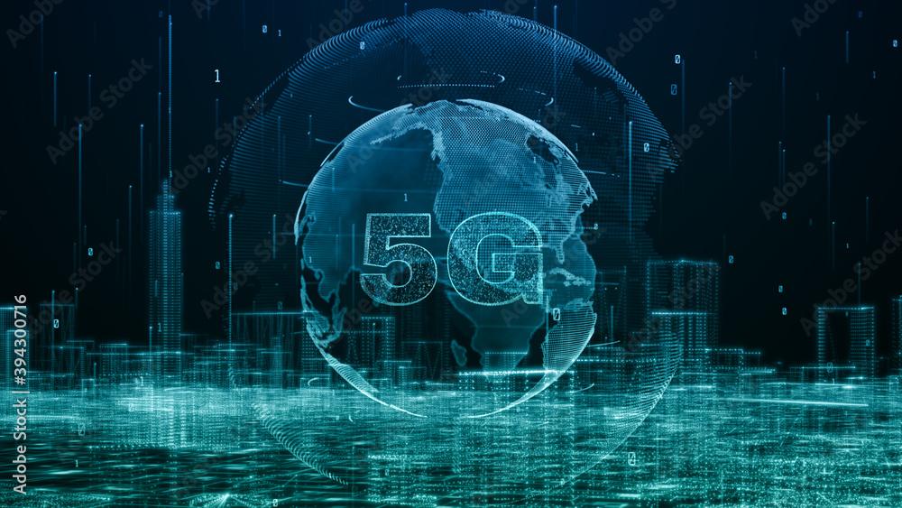 Poster smart city, digital cyberspace with particles and digital data network connections, global 5g high s