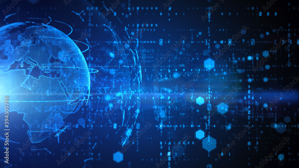 Poster technology network data connection, cyber security digital data, global 5g high speed internet conne