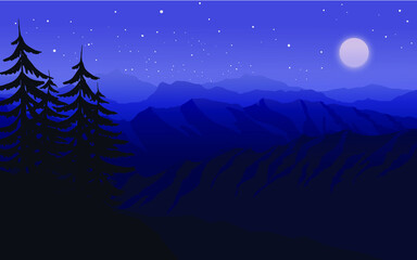 Night landscape with forest and mountain