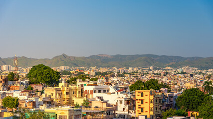 Fototapeta na wymiar Aerial view of famous tourist city of Udaipur, Rajasthan, India.