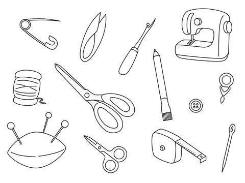 裁縫道具 イラスト ミシン ハサミ チャコペンシル メジャー ピンセット Stock Vector Adobe Stock