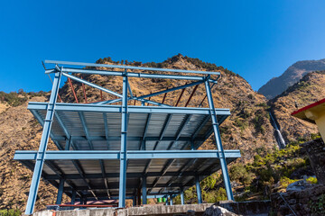 Structure of steel or 'skeleton frame' for building construction in mountainous region Uttarakhand Himalayas.