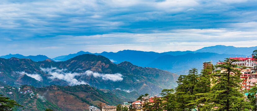 Beautiful panoramic cityscape of Shimla, the state capital of Himachal Pradesh located amidst Himalayas of India.