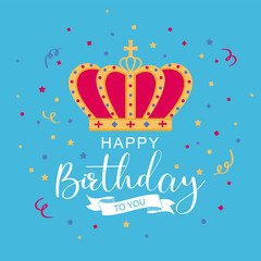 Birthday card template with a crown and confetti