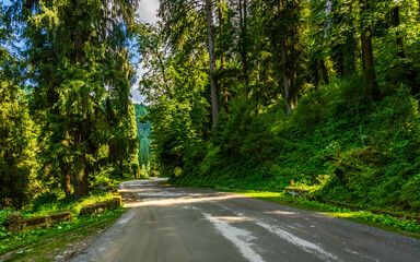Obraz premium View from hilly mountain road travelling through Himalayas mountains near Kalpa Kinnaur, Himachal Pradesh, India.