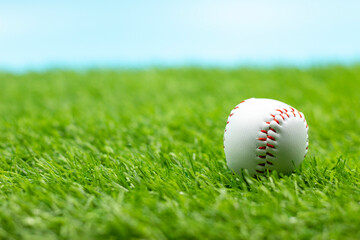 baseball is on green grass blue sky background