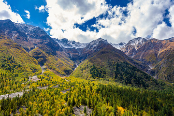 Landscape of Himalayas with Vegetation transition from Montane level to Nival level on slopes of mountains at Chitkul, Sangla Valley, Himachal Pradesh, India.
