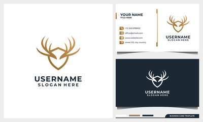 wild deer logo design with line art style and shield concept and business card template