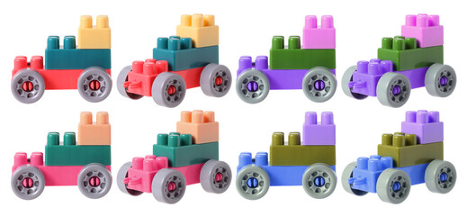 Small train from plastic blocks on white background