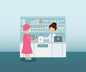 Naklejka na ściany i meble Pharmacy with pharmacist and cancer patient flat design vector illustration