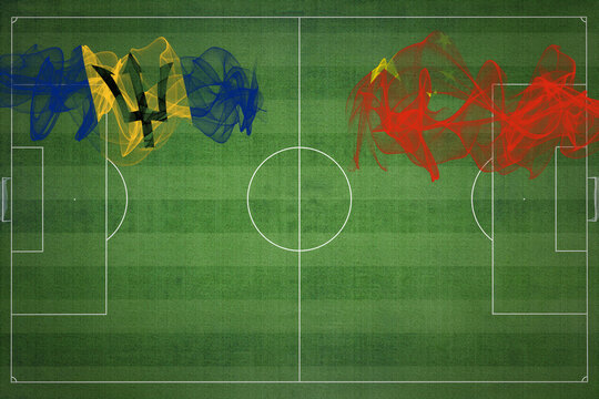 Barbados vs China Soccer Match, national colors, national flags, soccer field, football game, Copy space