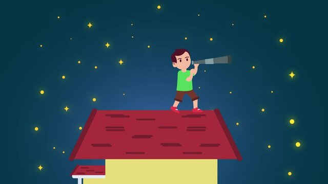 Little boy look on starry night sky with telescope
