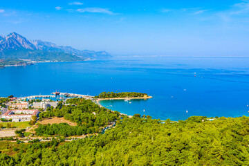 Aerial view of the marina in Kemer town. Antalya province, Turkey