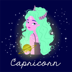 Illustration of woman of the zodiac sign Capricorn with her ruling planets Saturn